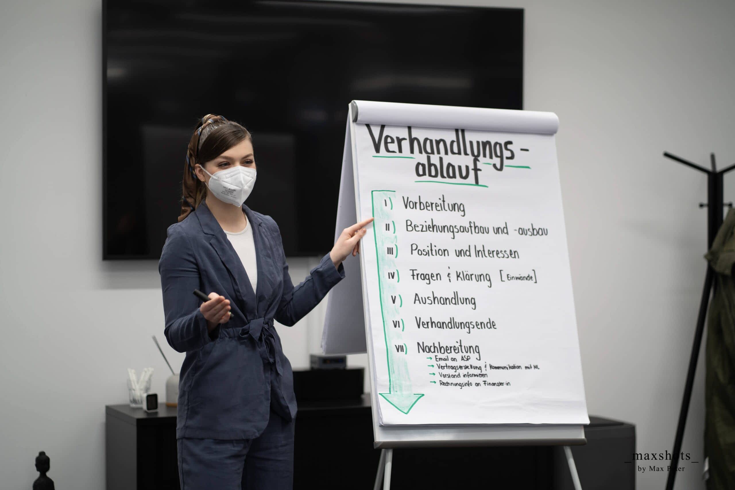 Workshop-Situation auf einem Kongress. Die Referentin steht vorne und erklärt über Gestik was erlernt werden soll.